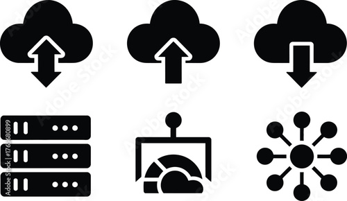 Cloud computing icons representing data upload download servers networking and data center technology