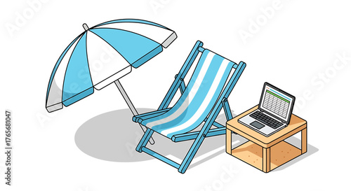 Hybrid Work & Digital Nomad Beachside Office with Laptop, Chair, and Umbrella