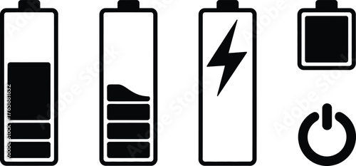 Set of four battery icons depicting charge levels power symbol and charging indicator illustration