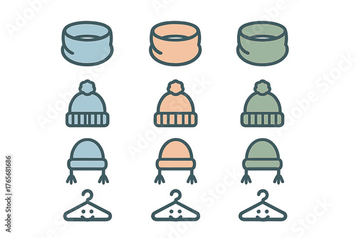 Minimalist icon set of winter knitwear accessories like beanies scarves and clothing hangers in soft pastel colors