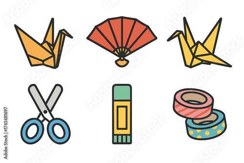 Set of craft supplies and Japanese cultural icons including origami cranes, folding fan, scissors, and decorative tape