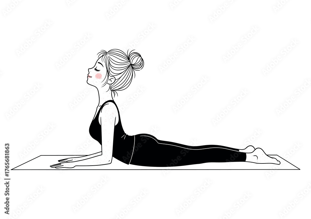 Fototapeta premium Minimalist Woman Performing Cobra Yoga Pose, Black and White Cute Wellness Illustration