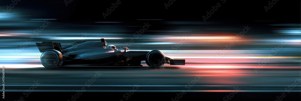 Naklejka premium F1 Car Side on Highway. Black Racing Car Night Background Blur, 3D Render