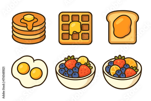 Pancakes waffle toast eggs and fruit bowls set of classic morning breakfast foods