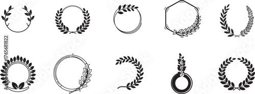 Laurel wreath silhouette vector set of circular botanical leaf frames and borders for logo, certificate, and invitation design