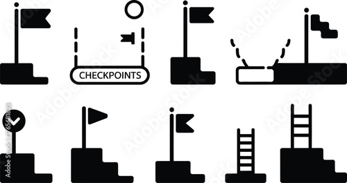 Set of achievement symbols victory podiums flags and ladders representing success and goals