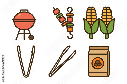 Essential barbecue grilling equipment and food symbols for summer outdoor cooking