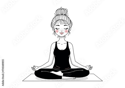 Peaceful Woman Meditating in Easy Pose, Black and White Minimalist Yoga Illustration