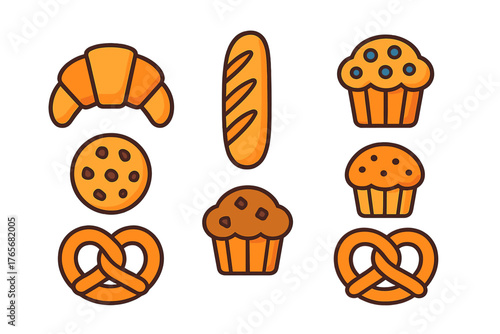 Variety of popular baked goods including croissant, baguette, muffins, cookie, and pretzels