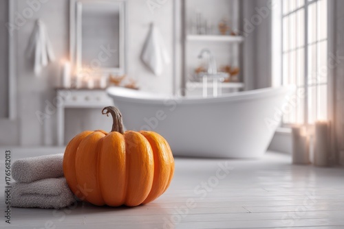 Fall Bathroom Decor. Halloween Pumpkin Interior Wall Background Mockup