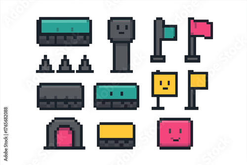 Colorful pixel art game assets collection featuring platforms flags and character blocks