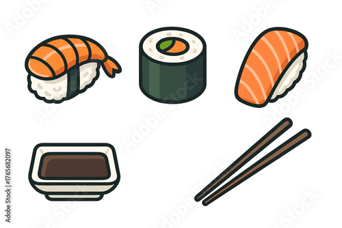 Japanese sushi set with salmon and shrimp nigiri, maki roll, soy sauce, and chopsticks