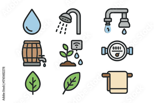 Water conservation, plumbing, and ecology elements including shower, faucet, and meter