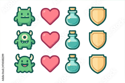 Cute cartoon game icons set with green monsters, pink hearts, blue potions, and golden shields