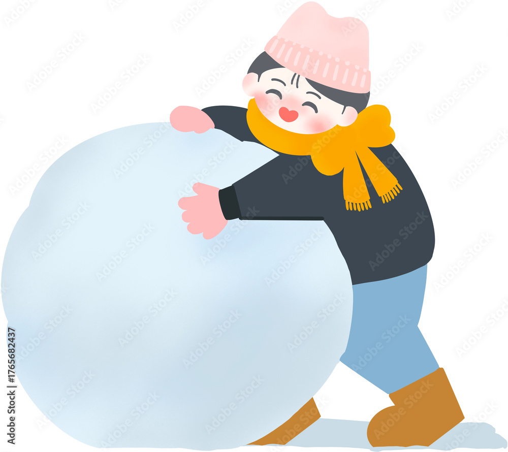Obraz premium 눈사람 만들기 일러스트. 모자를 쓰고 목도리를 맨 아이가 눈덩이를 굴리고 있다. 