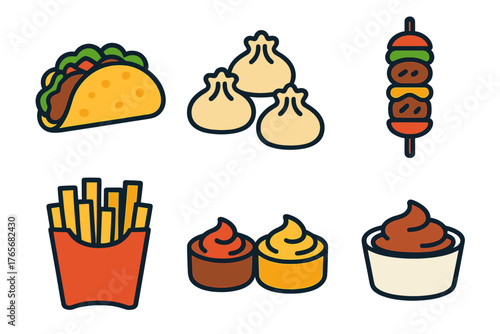 Popular fast food and snack icons featuring taco, french fries, dumplings, and shish kebab