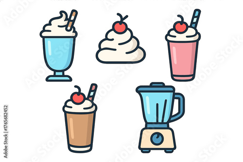 Assortment of delicious milkshakes and frozen beverages with whipped cream and kitchen blender