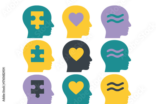 Abstract representation of human heads showing mental states, logic, emotion, and thought processes