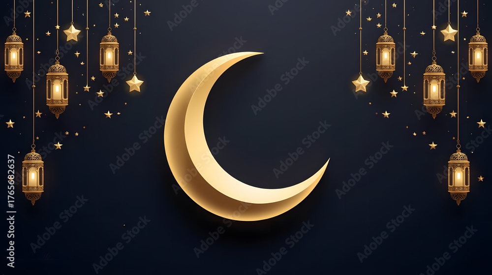 Naklejka premium Golden Crescent Moon and Lanterns Illustration A Festive Celebration Background