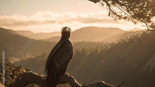 Majestic eagle perched on twisted tree branch overlooking scenic mountain landscape at sunset