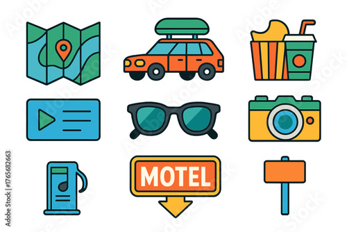 Set of essential symbols for travel and road trips including map, car, camera, and motel sign
