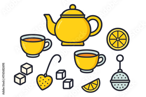Yellow teapot, teacups, sugar cubes, lemon slices, and tea infusers set on white background