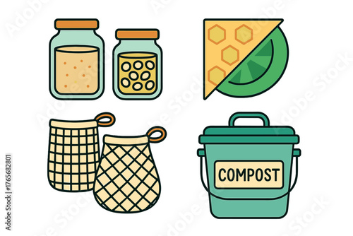 Zero waste and sustainable living collection featuring reusable jars, mesh bags, and compost bin
