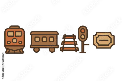 Set of retro railway travel symbols including train engine, passenger car, tracks, signal, and ticket