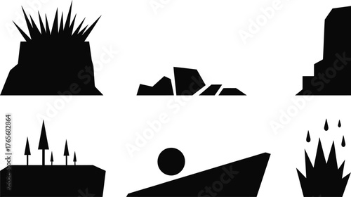 Collection of stylized silhouette elements representing natural and ruined environments for design