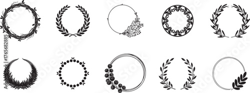 Botanical wreath frame silhouette vector set with laurel, olive, fern, berry and floral circle border for logo and invitation