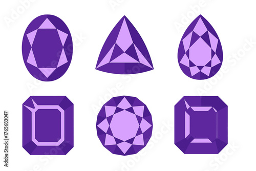 Assortment of brilliant purple gemstones featuring six distinct facet cuts and shapes