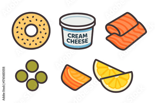 Set of classic breakfast sandwich ingredients: bagel, cream cheese, smoked salmon, and fresh citrus slices