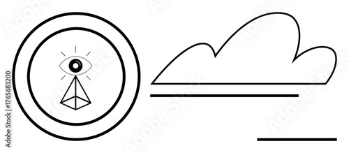 Geometric design with an eye atop a pyramid inside a circle alongside minimalist cloud lines. Ideal for vision, imagination, innovation, mindfulness, abstraction, creativity, and modern design