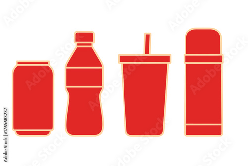 Red beverage containers collection: soda can, plastic bottle, disposable cup, and thermos flask