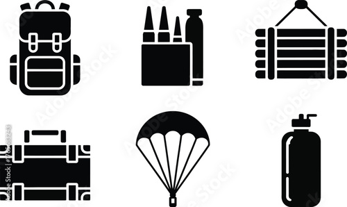 Outdoor adventure and travel icons set backpack luggage parachute bottles and more