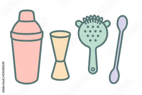 Collection of essential bar accessories including shaker, jigger, strainer, and stirring spoon