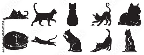 Cat silhouette vector collection of domestic feline poses including walk, sit, sleep, stretch, play, jump, and groom icons