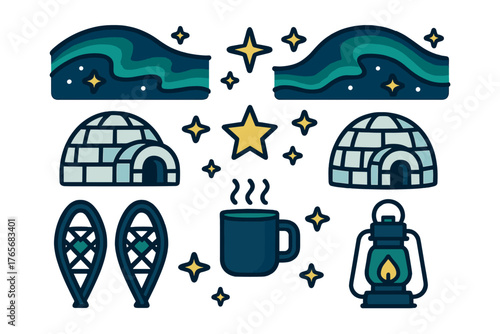 Set of arctic winter elements including igloos, Northern Lights, snowshoes, hot drink mug, and lantern