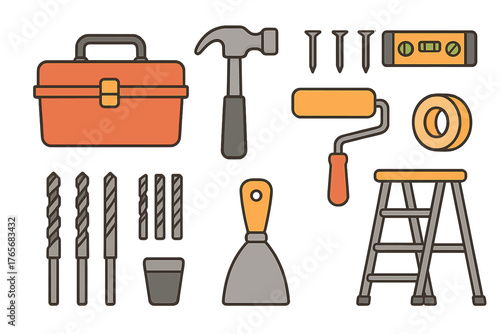 Essential home repair and construction tools set including hammer, toolbox, and ladder