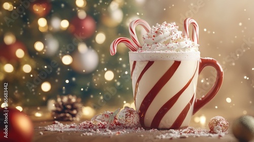 Festive hot chocolate with whipped cream and candy cane decoration in holiday setting