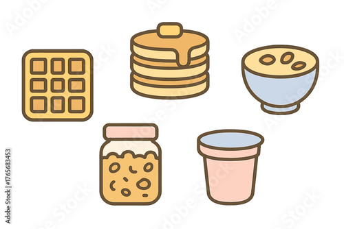 Collection of breakfast food icons featuring waffle pancakes cereal jam and yogurt cup
