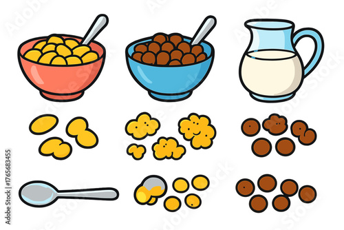 Breakfast cereal bowls, milk pitcher, and spoon with scattered corn flakes and chocolate puffs