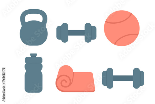 Set of essential fitness equipment for gym workout including weights and yoga mat