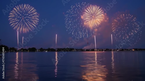 Spectacular Nighttime Fireworks Display Reflecting on Water.