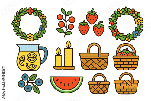 Colorful set of summer and harvest elements: floral wreaths, fresh fruits, picnic baskets, and candles