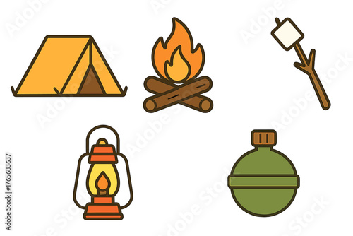 Essential camping and outdoor adventure gear set including tent campfire lantern canteen and marshmallow stick