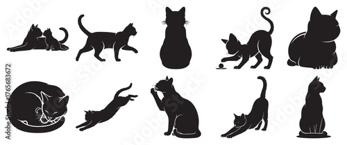 Cat silhouette vector set of domestic feline poses including walk, sit, sleep, stretch, play, jump, groom and cuddle icons