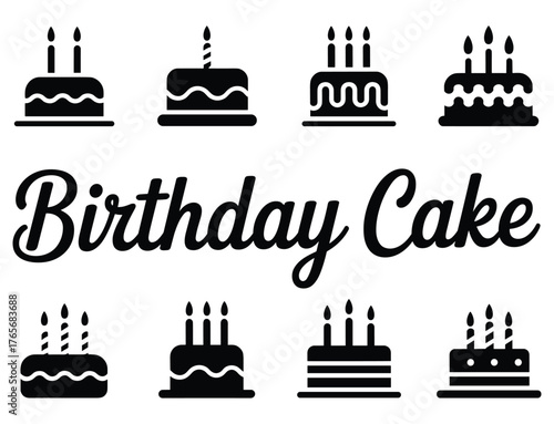 Collection of eight stylized birthday cake icons with lit candles and 'birthday cake' text