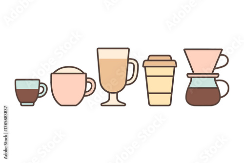Assortment of coffee drinks and brewing tools in a modern pastel color scheme