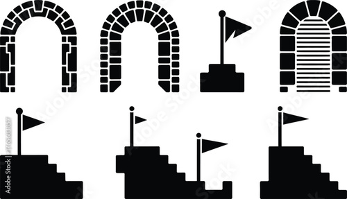 Medieval archways and victory podium silhouettes for fantasy game design and architecture concepts